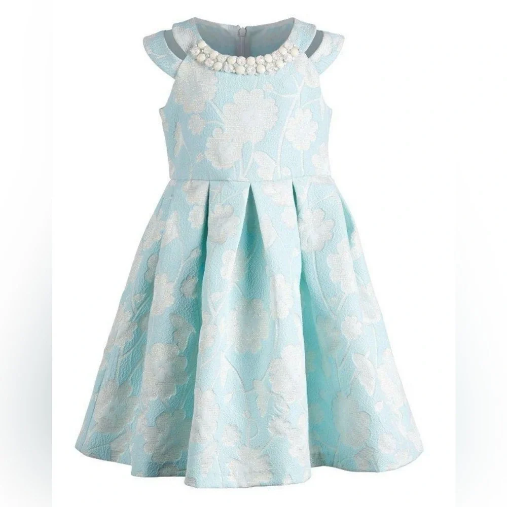Bonnie Jean Toddler Girls Aqua Floral Jacquard Dress with Pearl Accents